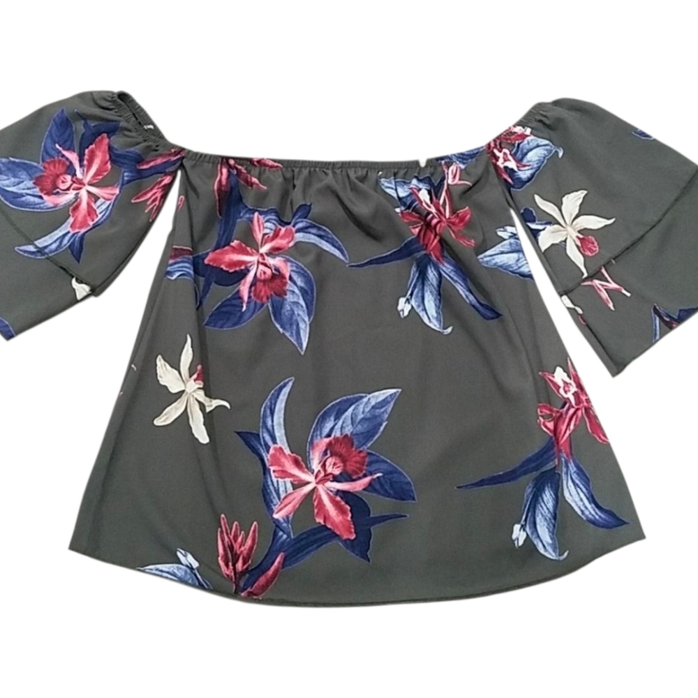 Tyche Bohemian Off-the-shoulder Tiered Bell Sleeves Floral Top Large NEW